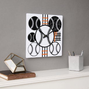 Horloge Carrée Motif de couleur orange noir et blanc de baseball