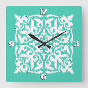 Horloge Carrée Motif de damassé d'Ikat - bleu et blanc de paon