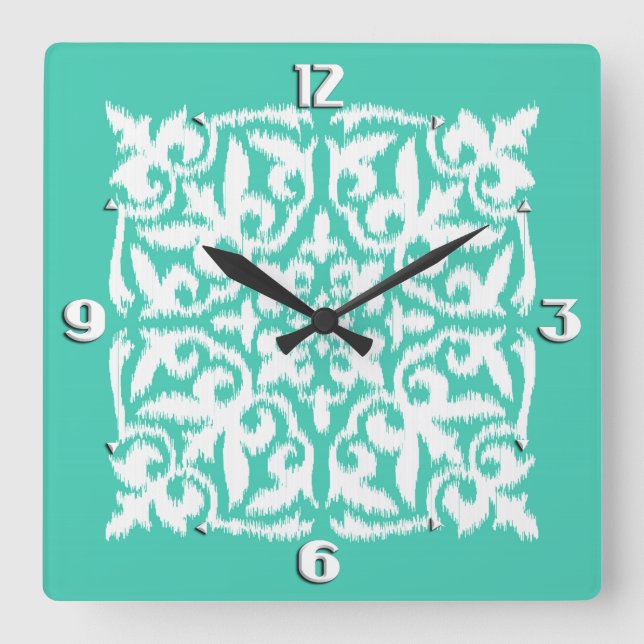 Horloge Carrée Motif de damassé d'Ikat - bleu et blanc de paon (Recto)