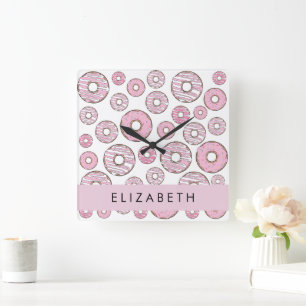 Horloge Carrée Motif De Donuts, Donuts Roses, Glace, Votre Nom