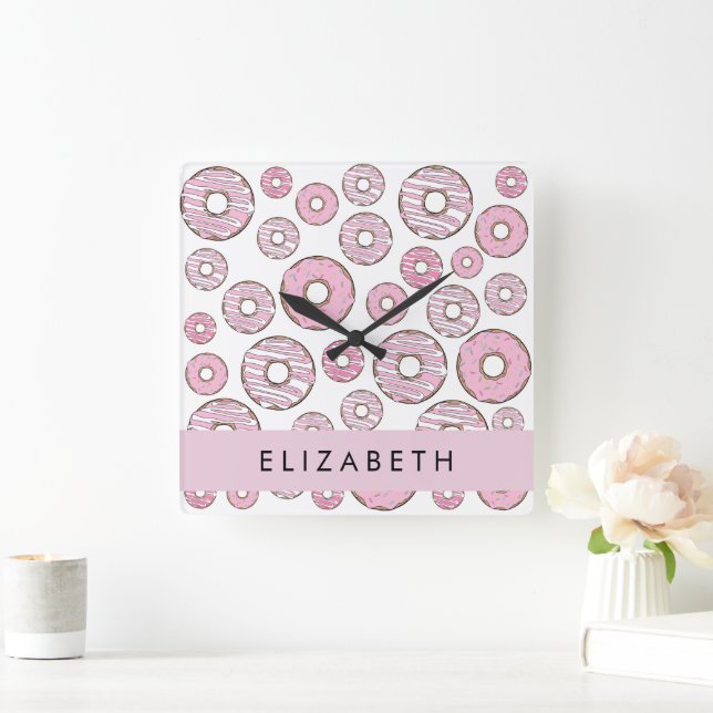 Horloge Carrée Motif De Donuts, Donuts Roses, Glace, Votre Nom (Maison)