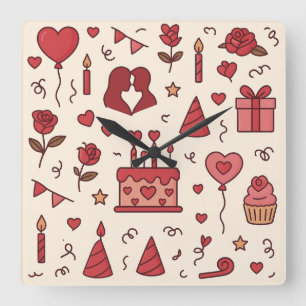 Horloge Carrée Motif de doodle pour célébration romantique