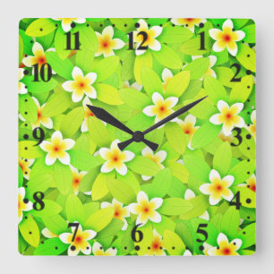 Horloge Carrée Motif de feuilles vertes florales fleurs jaunes-61