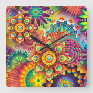 Horloge Carrée Motif de fleurs Abstraites aux couleurs vives