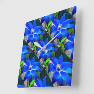 Horloge Carrée Motif de fleurs bleues profondes