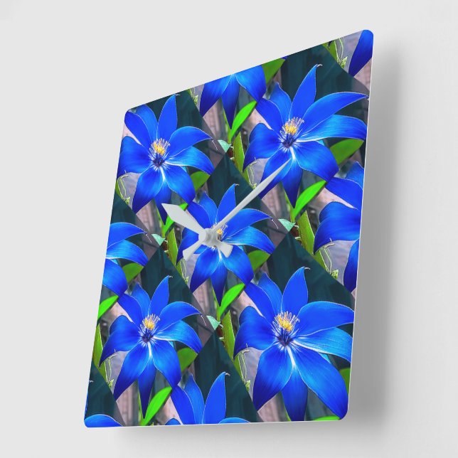 Horloge Carrée Motif de fleurs bleues profondes (Angle)