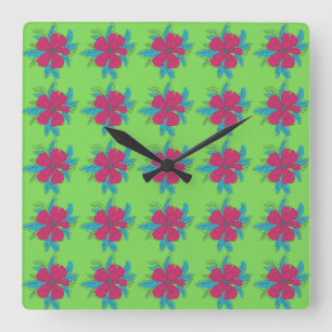 Horloge Carrée Motif de fleurs colorées sur Arrière - plan vert