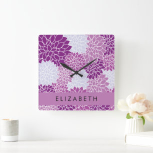 Horloge Carrée Motif De Fleurs, Dahlia Violet, Votre Nom