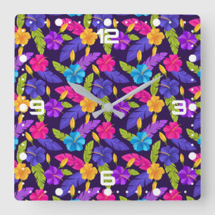 Horloge Carrée Motif de fleurs Feuilles tropicales colorées