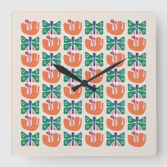 Horloge Carrée Motif de fleurs papillon (Recto)