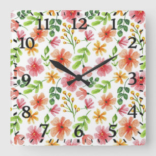 Horloge Carrée Motif de fleurs roses à l'aquarelle-69677