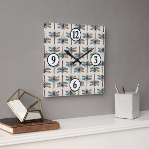 Horloge Carrée Motif de libellule coloré