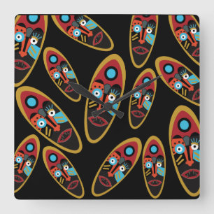 Horloge Carrée motif de masques modernes abstraits