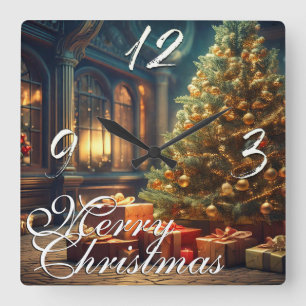 Horloge Carrée Motif de Noël avec des cadeaux sous l'arbre de Noë