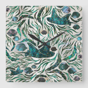 Horloge Carrée Motif de poisson stingray et squelette Abalone