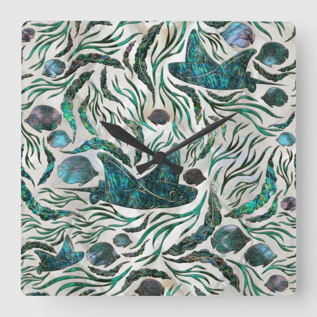 Horloge Carrée Motif de poisson stingray et squelette Abalone (Recto)