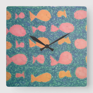 Horloge Carrée Motif de poissons tropicaux peints