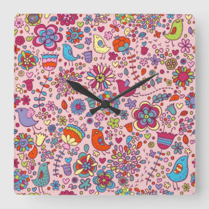 Horloge Carrée Motif de printemps avec fleurs colorées