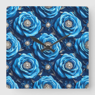 Horloge Carrée Motif de roses 3d bleues