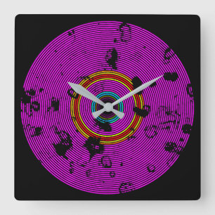 Horloge Carrée Motif de texture de disque vinyle multicolore rose