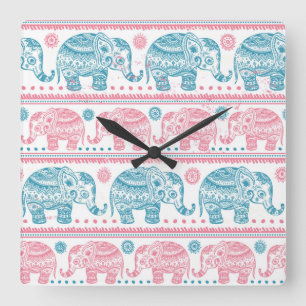 Horloge Carrée Motif d'éléphants ethniques rose et Turquoise