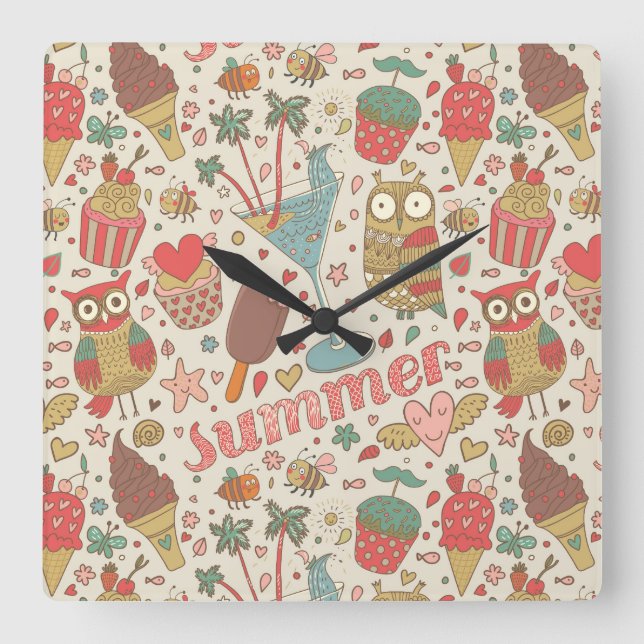Horloge Carrée Motif D'Été Avec Glace (Recto)