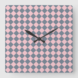 Horloge Carrée Motif diamant à carreaux gris rose