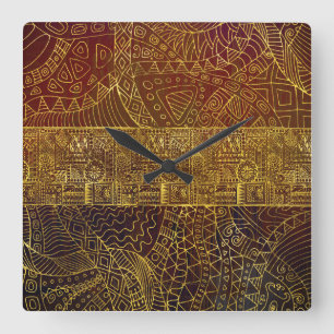 Horloge Carrée Motif d'or tribal sur peinture Brown