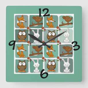 Horloge Carrée Motif du bloc des animaux des bois