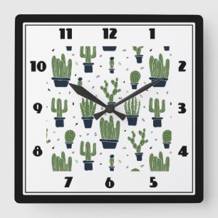 Horloge Carrée Motif du désert de Rustic Green Cactus