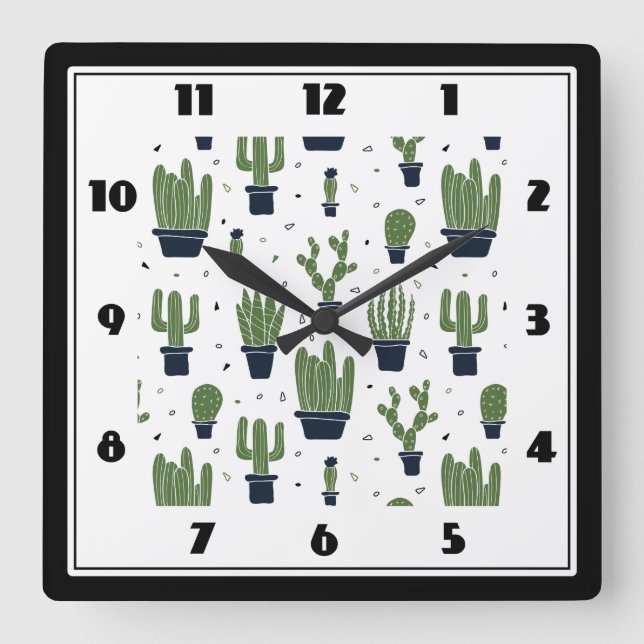 Horloge Carrée Motif du désert de Rustic Green Cactus (Recto)