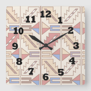 Horloge Carrée Motif du sud-ouest en rouge et bleu Brown