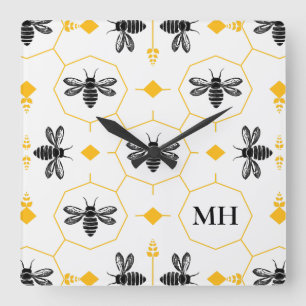 Horloge Carrée Motif élégant d'abeille Monogramme noir Jaune Mode