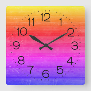 Horloge Carrée Motif en bois Neon Rainbow