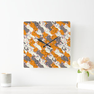 Horloge Carrée Motif en diagonale du chat noir blanc gingembre