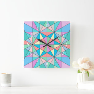 Horloge Carrée Motif étoile triangle mosaïque pastel coloré