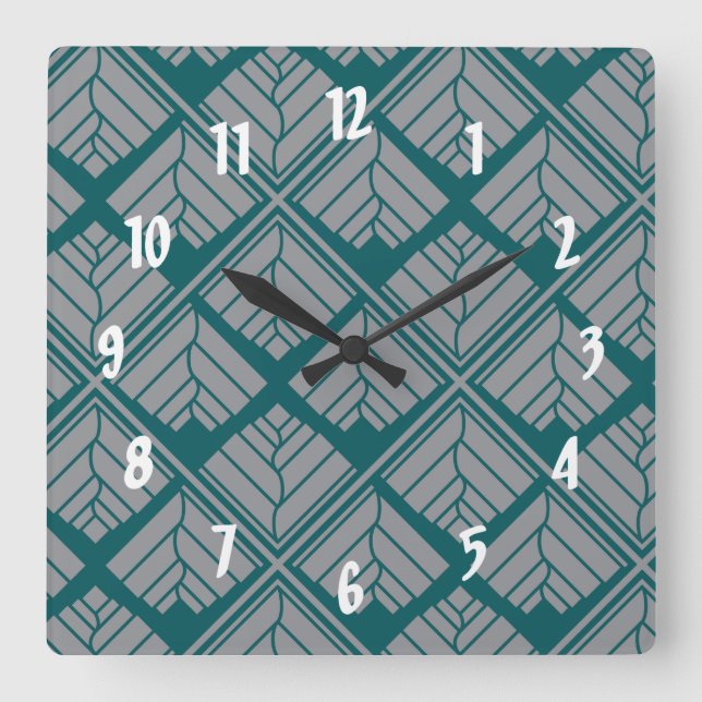 Horloge Carrée Motif feuille carré Turquoise neutre (Recto)