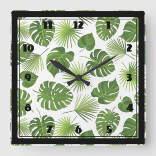 Horloge Carrée Motif Feuille élégant Green Tropical
