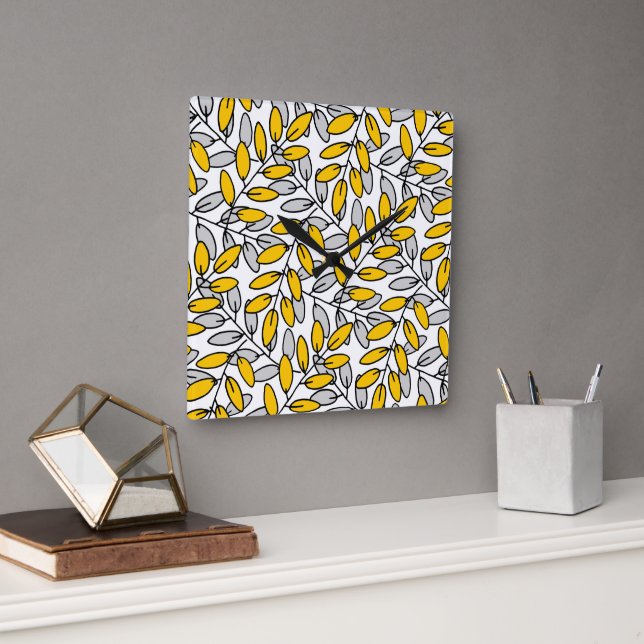 Horloge Carrée Motif Feuille gris-jaune dessiné à la main (Bureau)