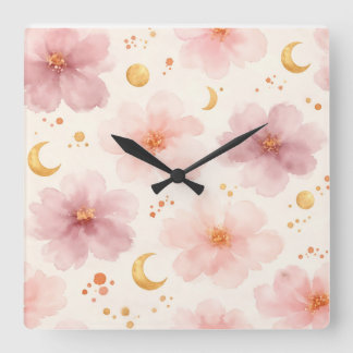 Horloge Carrée Motif floral à l'aquarelle rose élégant