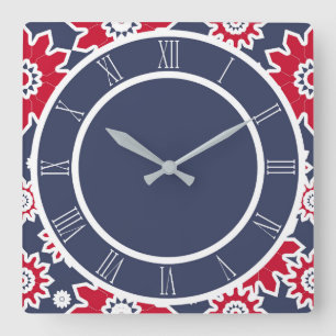 Horloge Carrée motif floral Abstrait, bordeaux, blanc, bleu