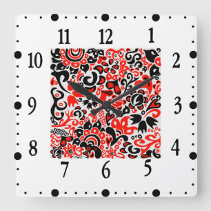 Horloge Carrée motif floral abstrait d'art populaire ethnique ukr