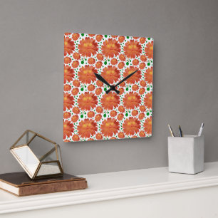 Horloge Carrée Motif floral aquarelle corail