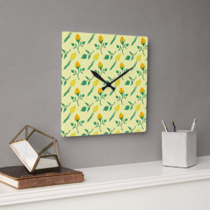 Horloge Carrée Motif floral avec rose jaune et fleurs de tulipe