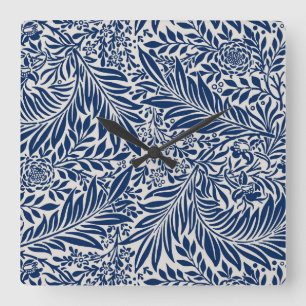 Horloge Carrée motif floral bleu avec feuilles et fleurs variées