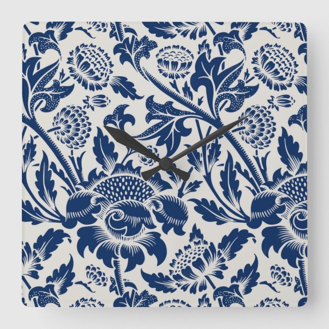 Horloge Carrée Motif floral bleu complexe sur fond clair (Recto)