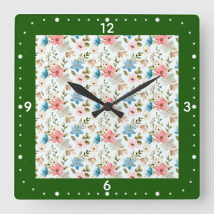 Horloge Carrée Motif floral de fleurs sauvages à l'aquarelle