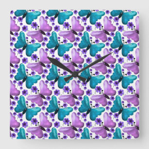 Horloge Carrée Motif floral de papillon sarcelle et violet