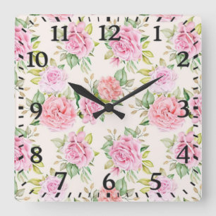 Horloge Carrée Motif floral de rose romantique élégant