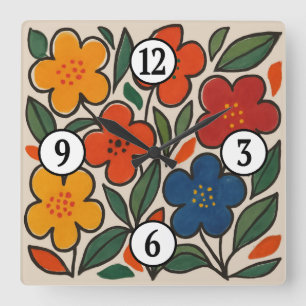 Horloge Carrée Motif floral de style rétro des années 1960